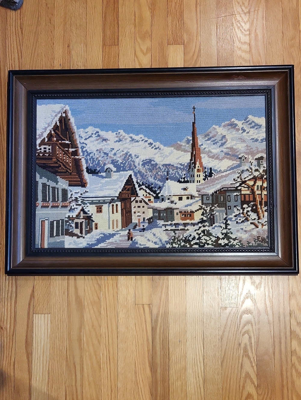 Framed Austrian Winter Village Needlepoint Wall Art in Blue and White